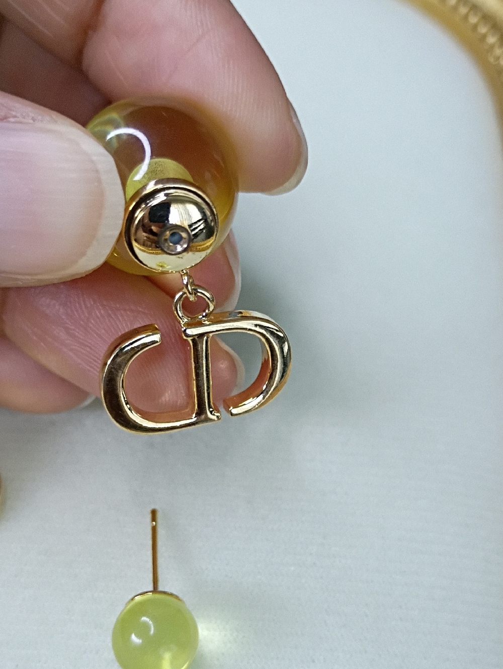 New Gold-Tone Yellow Glass Drop Earrings with CD Monogram Fashion Jewelry - Picture 3 of 4